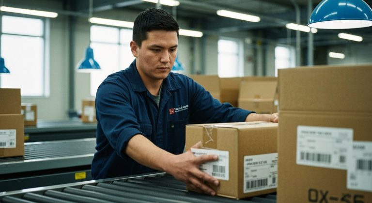 UPS Warehouse Pay: Is It Still Worth It? (2026 Review) 1 A focused warehouse worker in a blue shirt reaches for a cardboard box on a moving industrial conveyor belt.