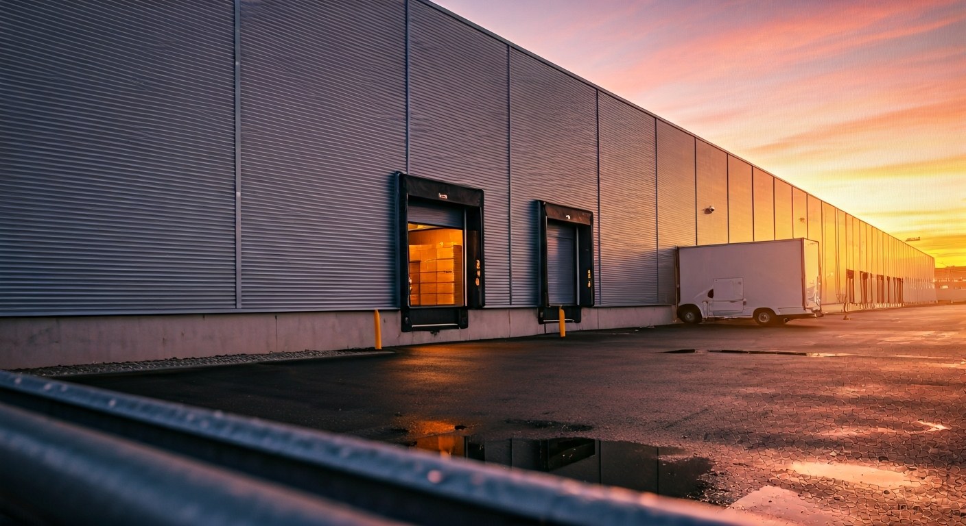 Urban Logistics Hub and Spoke Distribution Modern urban warehouse at sunset with a delivery van parked in a loading bay and sun reflecting on the building.