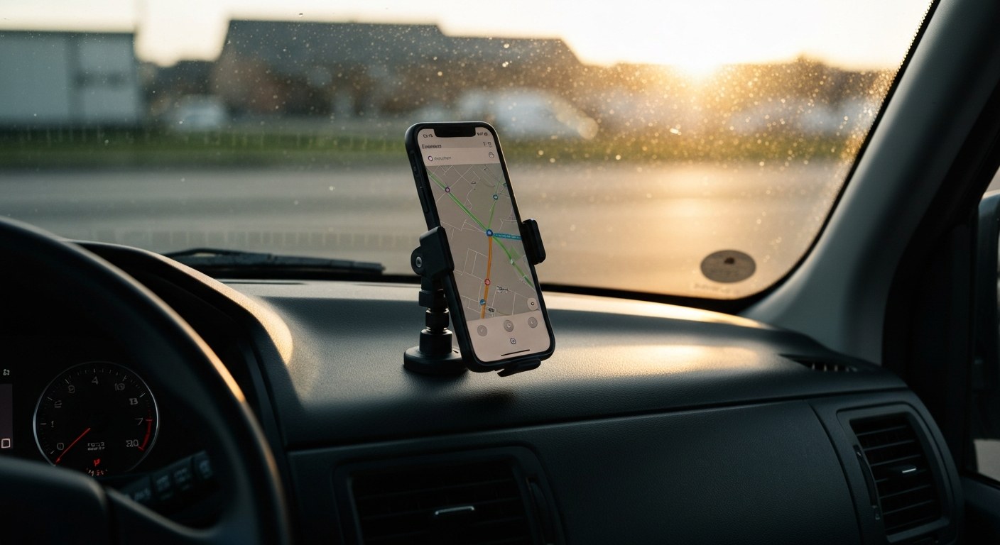 Technical Requirements for Stability A smartphone mounted on a van dashboard during sunset, representing technical setup for delivery.