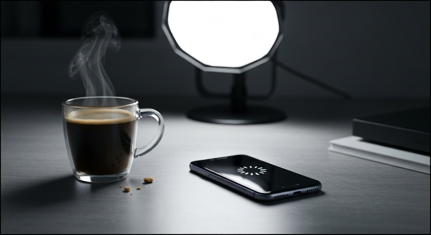 Verifying Official App Sources A smartphone resting on a desk with a coffee cup, representing a safe and prepared workspace.