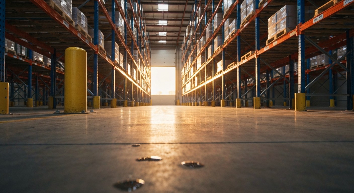 Low angle view of tall industrial shelving and vertical storage racks in a clean, organized warehouse during sunset.