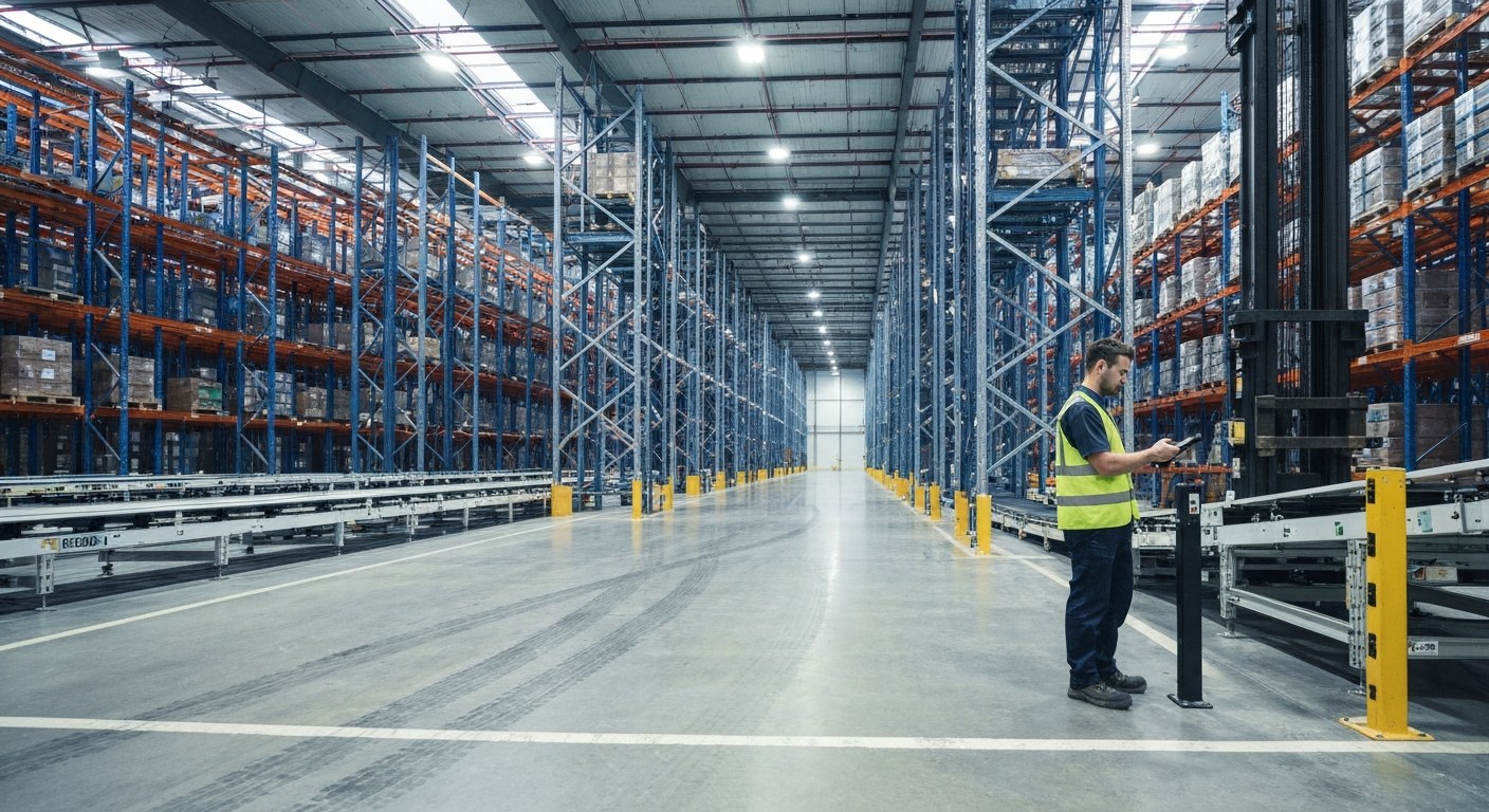 A warehouse worker in a yellow safety vest stands next to an automated conveyor belt in a large distribution center.