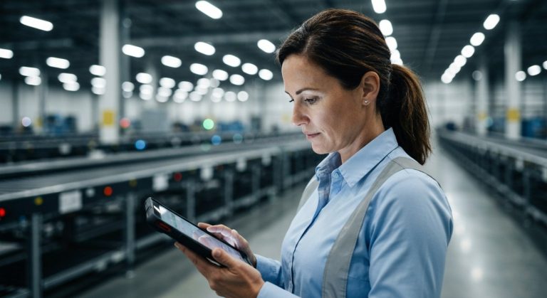 A female logistics manager in a high-visibility vest looking at a tablet in a large, modern automated warehouse.