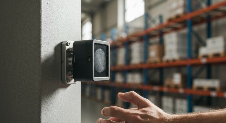 Close-up of a digital air quality monitor on a steel warehouse beam with a technician's hand adjusting settings.