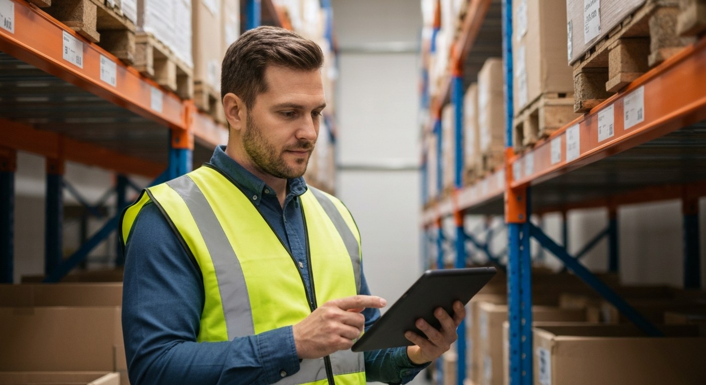 Data-Driven Logistics Analytics Warehouse specialist reviewing digital route data on a tablet near storage shelving.