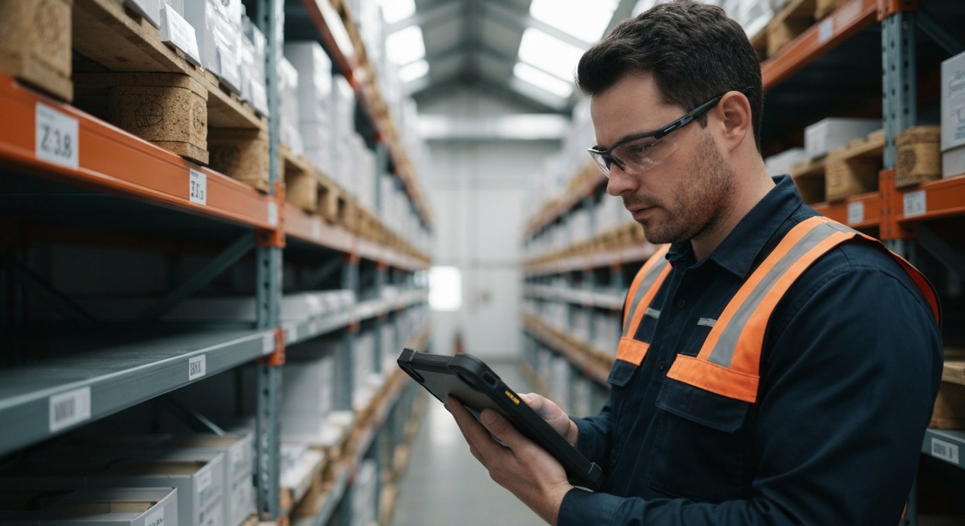 Warehouse Associate Inventory Warehouse associate checking inventory on a tablet in a logistics center.