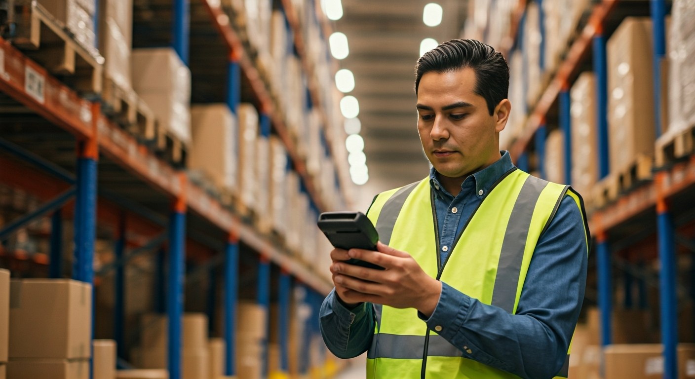Physical Demands of Warehouse Logistics A warehouse worker in a safety vest using a handheld scanner in a logistics facility.