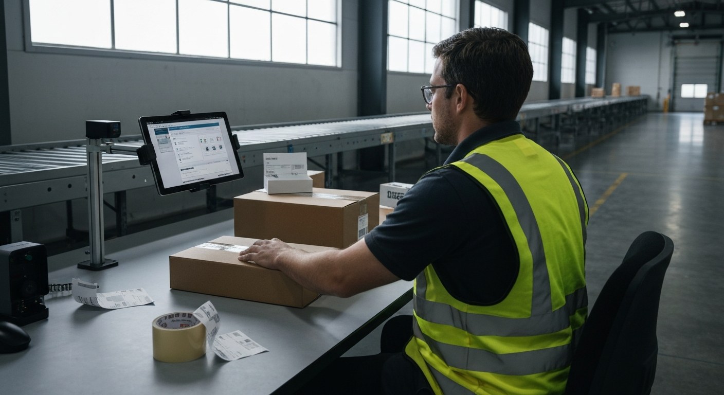 A warehouse associate at a modern packing station using a tablet to manage shipping and receiving tasks.