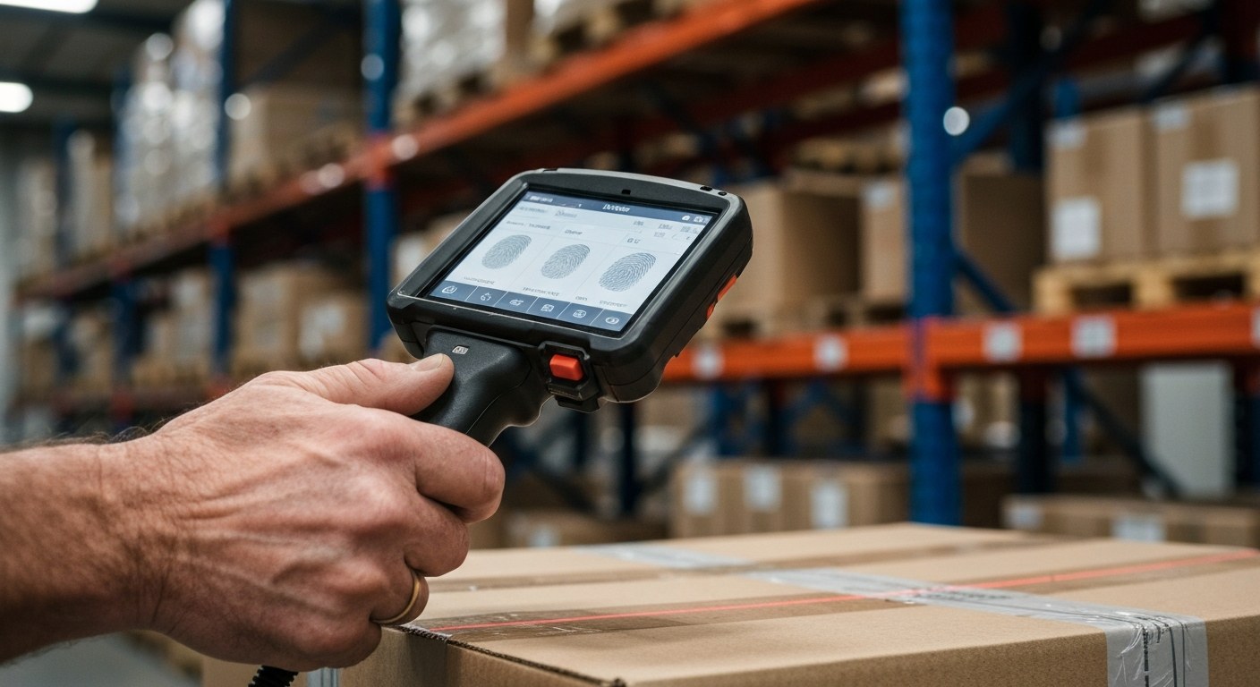 Close-up of a warehouse worker's hands using a rugged handheld RF scanner to scan a package barcode.