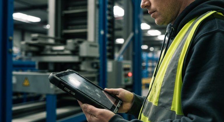 A warehouse manager holding a digital tablet in a facility with automated storage systems in the background.