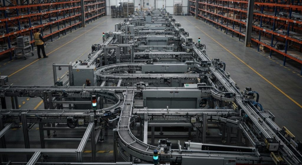 High-angle view of a vast industrial warehouse floor with conveyor belts, autonomous robots, and a silhouetted worker.