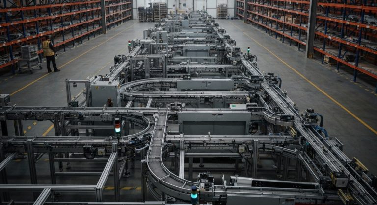 High-angle view of a vast industrial warehouse floor with conveyor belts, autonomous robots, and a silhouetted worker.