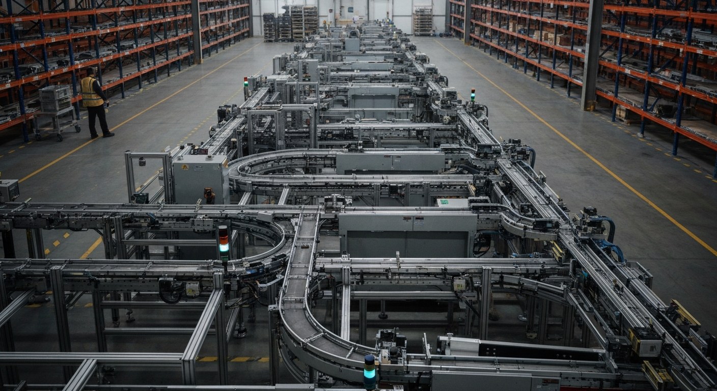 The Scale of Modern Logistics High-angle view of a vast industrial warehouse floor with conveyor belts, autonomous robots, and a silhouetted worker.