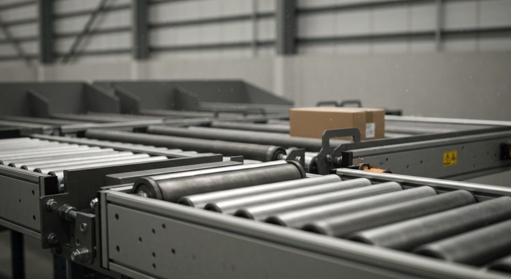 Close-up of a high-tech warehouse conveyor belt with sorting machinery.