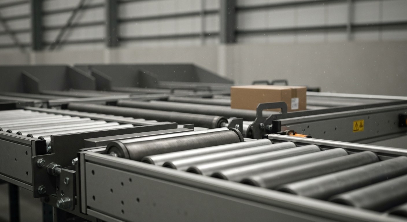 Logistics Automation Technology Close-up of a high-tech warehouse conveyor belt with sorting machinery.
