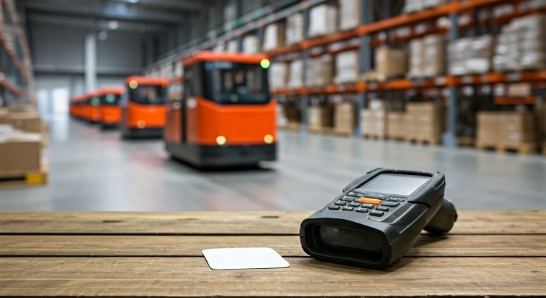 Handheld barcode scanner on a workbench with an RFID tag in a modern, automated warehouse.