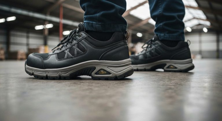 Close-up of work shoes on a gray warehouse concrete floor, showing texture and dust in natural light.