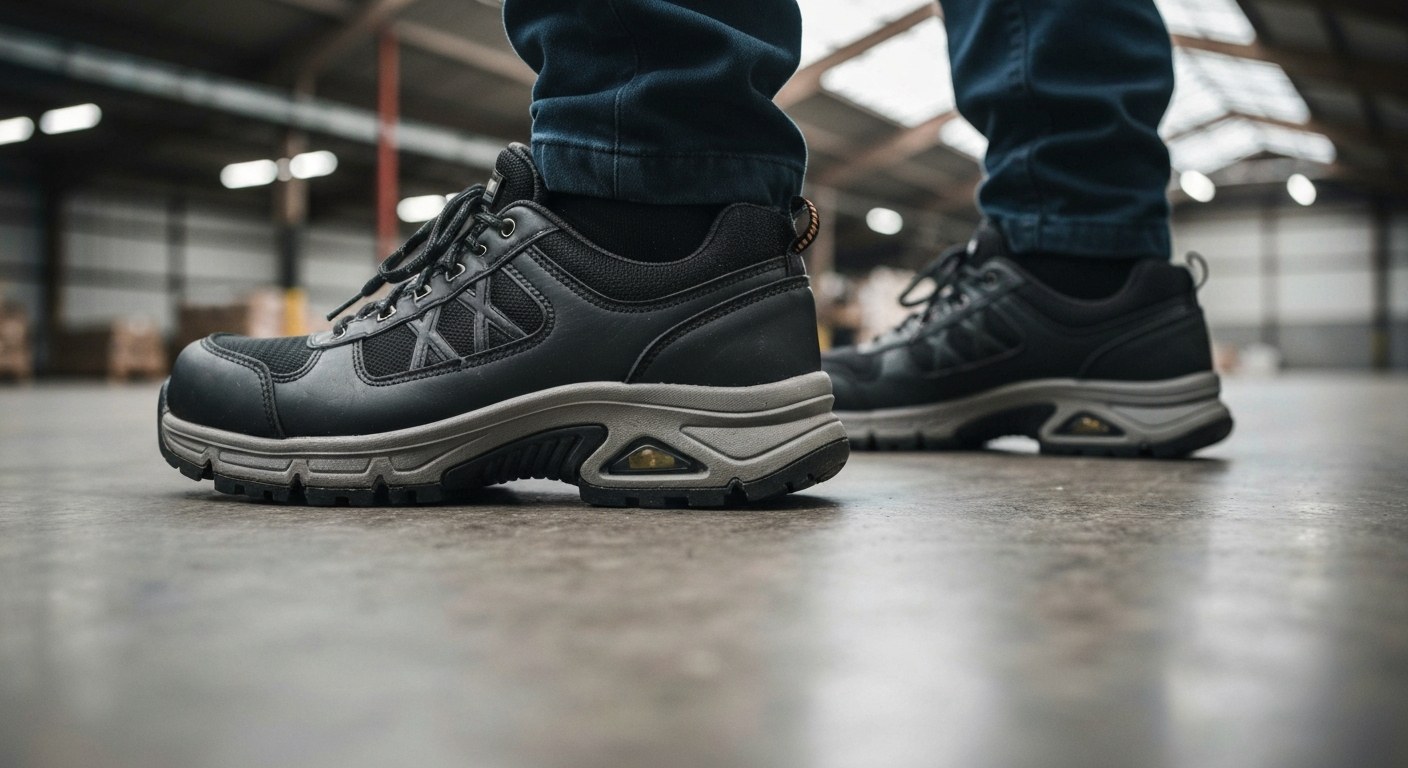 Close-up of work shoes on a gray warehouse concrete floor, showing texture and dust in natural light.