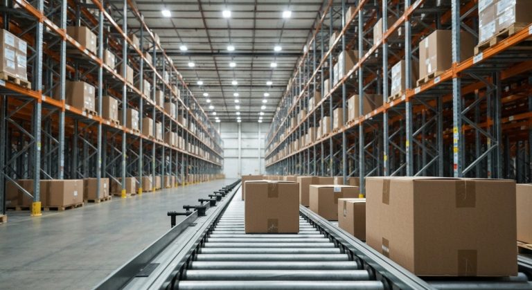 Endless steel warehouse racks and conveyor belt filled with brown shipping boxes.