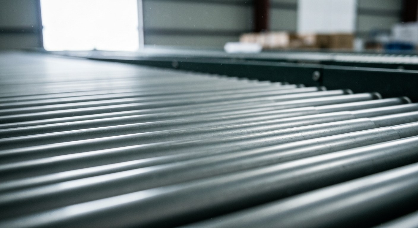 The Reality of Modern Order Fulfillment Detail shot of a metal industrial conveyor belt sorting goods in a warehouse.