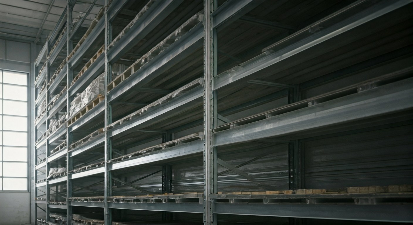 Warehouse Coverage Analysis Warehouse shelving unit partially filled with industrial goods, highlighting coverage gaps, overcast daylight.