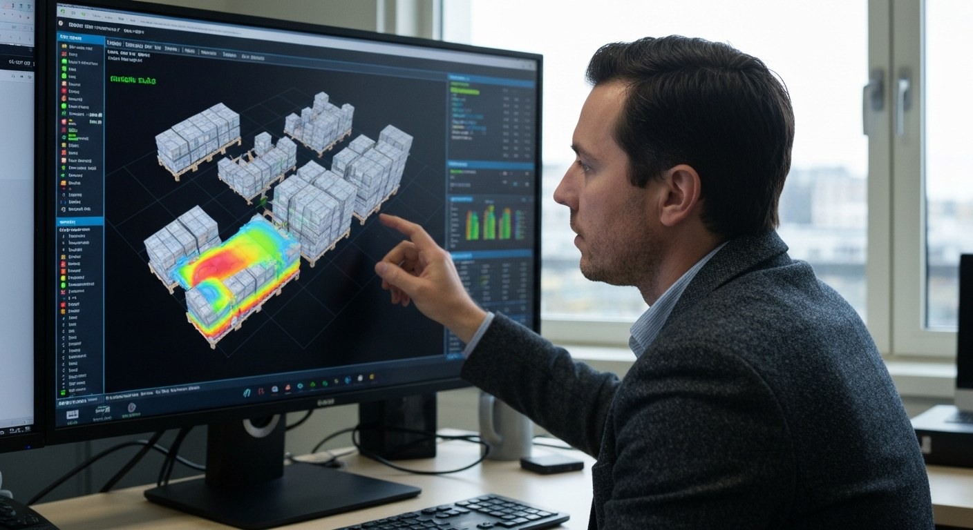 Inventory manager analyzing warehouse traffic data on a high-tech dashboard monitor.