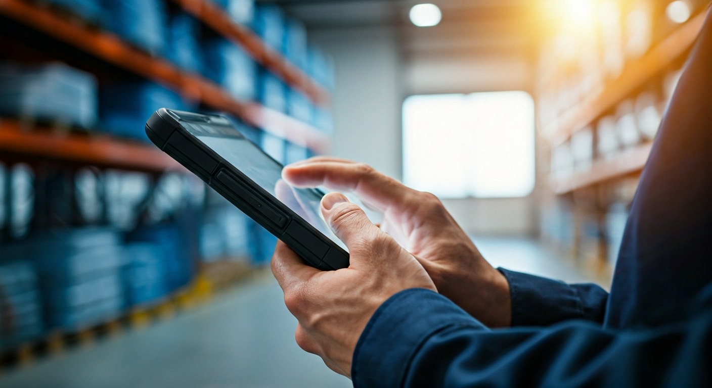 Close up of a worker's hands using a tablet computer to track food inventory in a temperature-controlled storage area.
