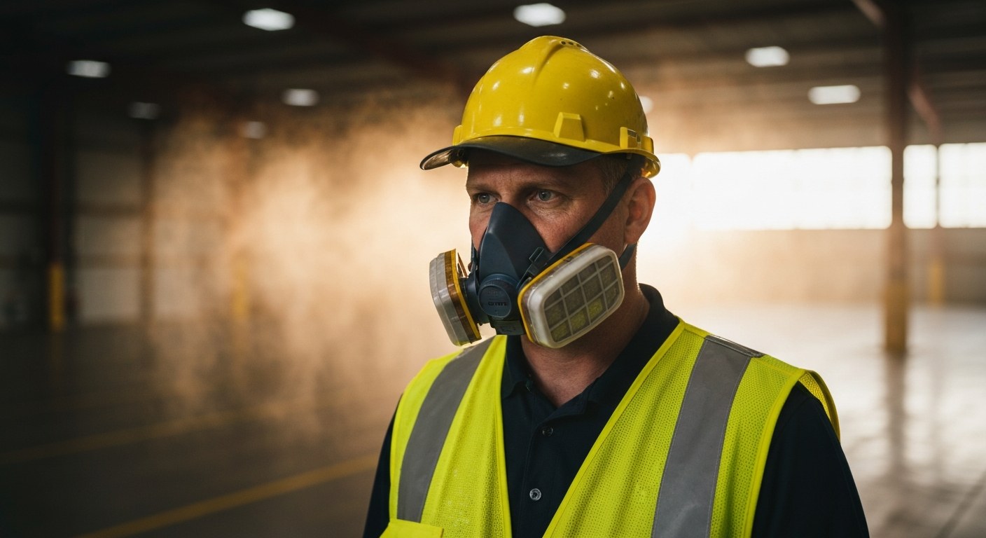 Warehouse supervisor in a safety vest and respirator standing near a fine mist dust suppression system.