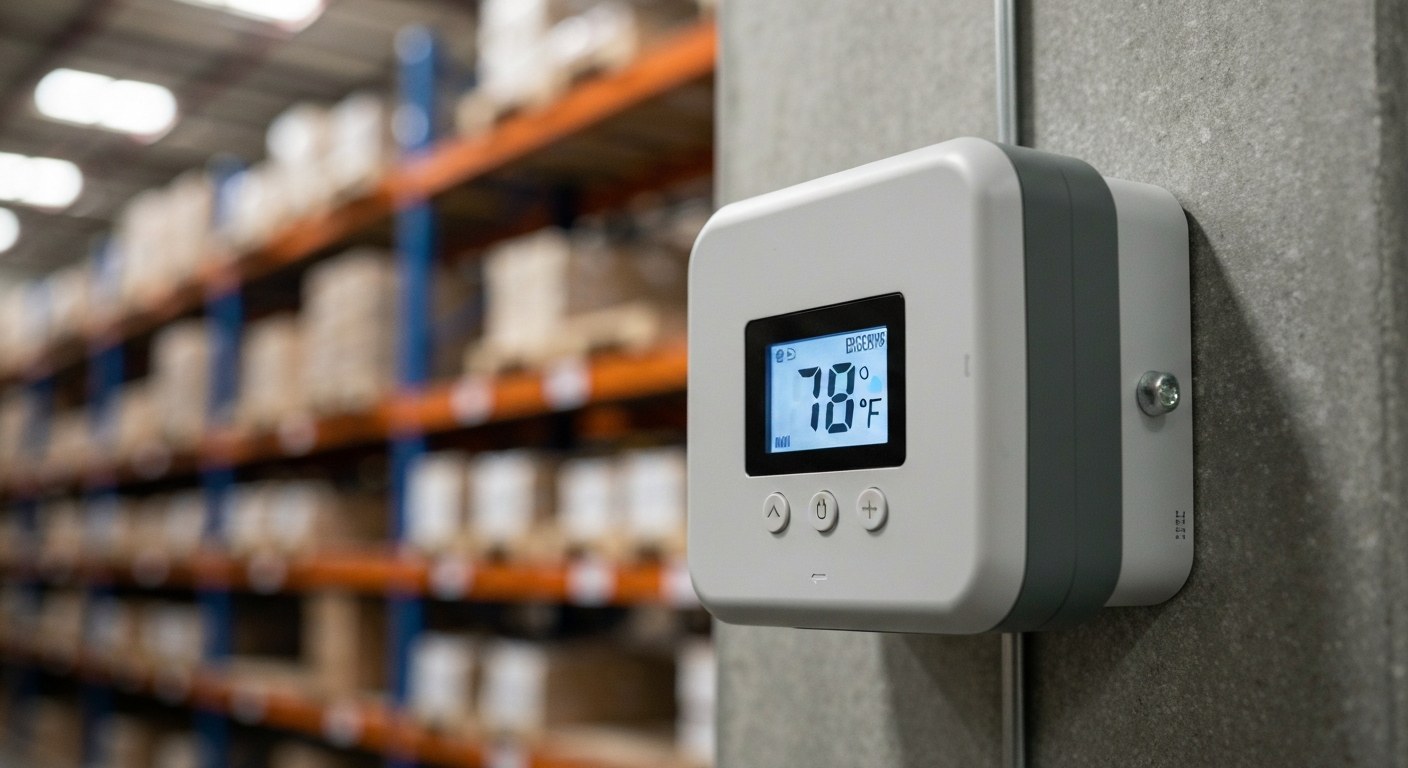Real-Time Temperature Monitoring Close-up of a digital warehouse environmental sensor displaying a temperature reading.