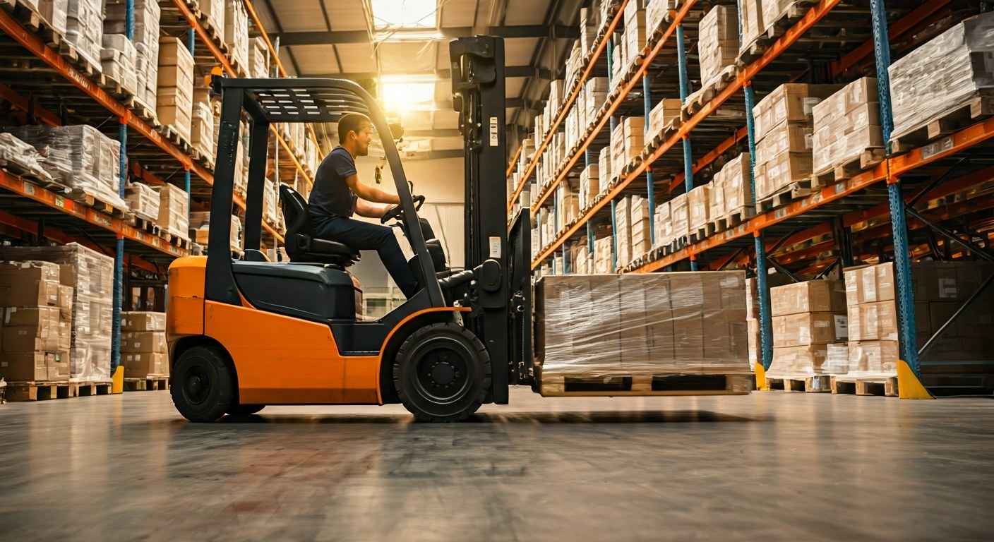 Forklift operating in a sunlit, organized modern warehouse.