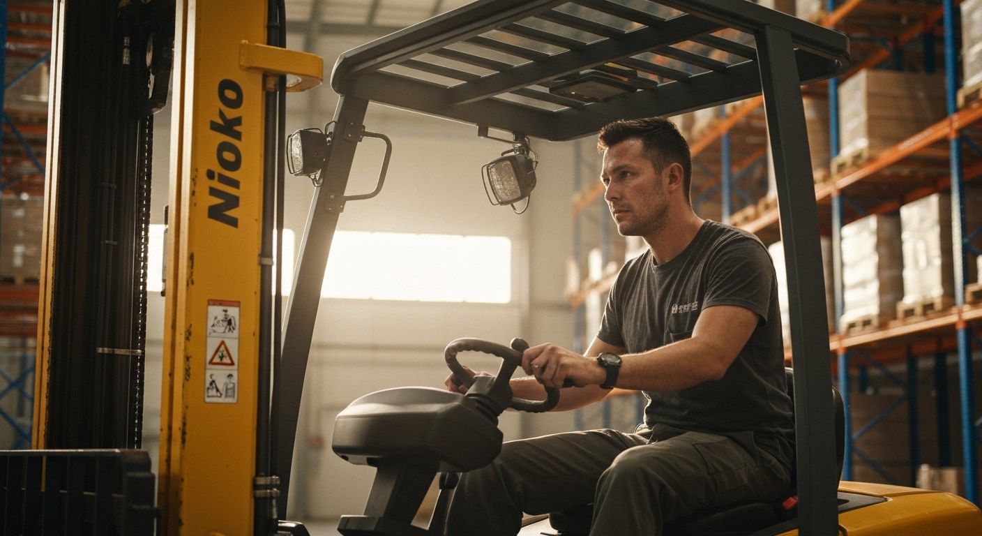 A warehouse associate operating an electric forklift in a sunlit distribution center with high racks.