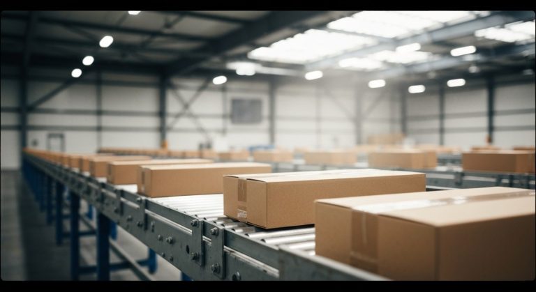 Cardboard packages move along a metallic conveyor belt inside a large, brightly lit industrial warehouse facility.