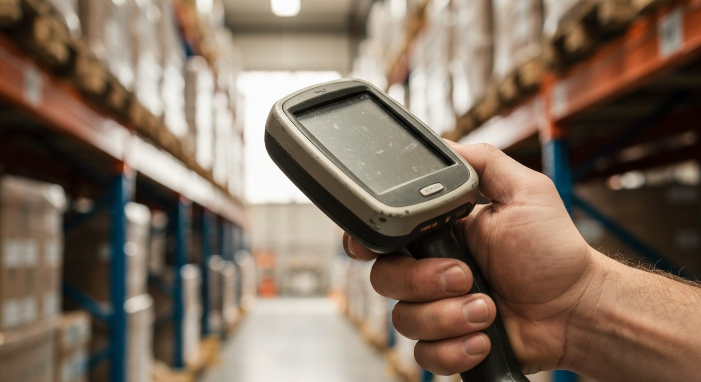 Close-up of a worker's hand holding a weathered industrial barcode scanner in a blurred warehouse aisle.