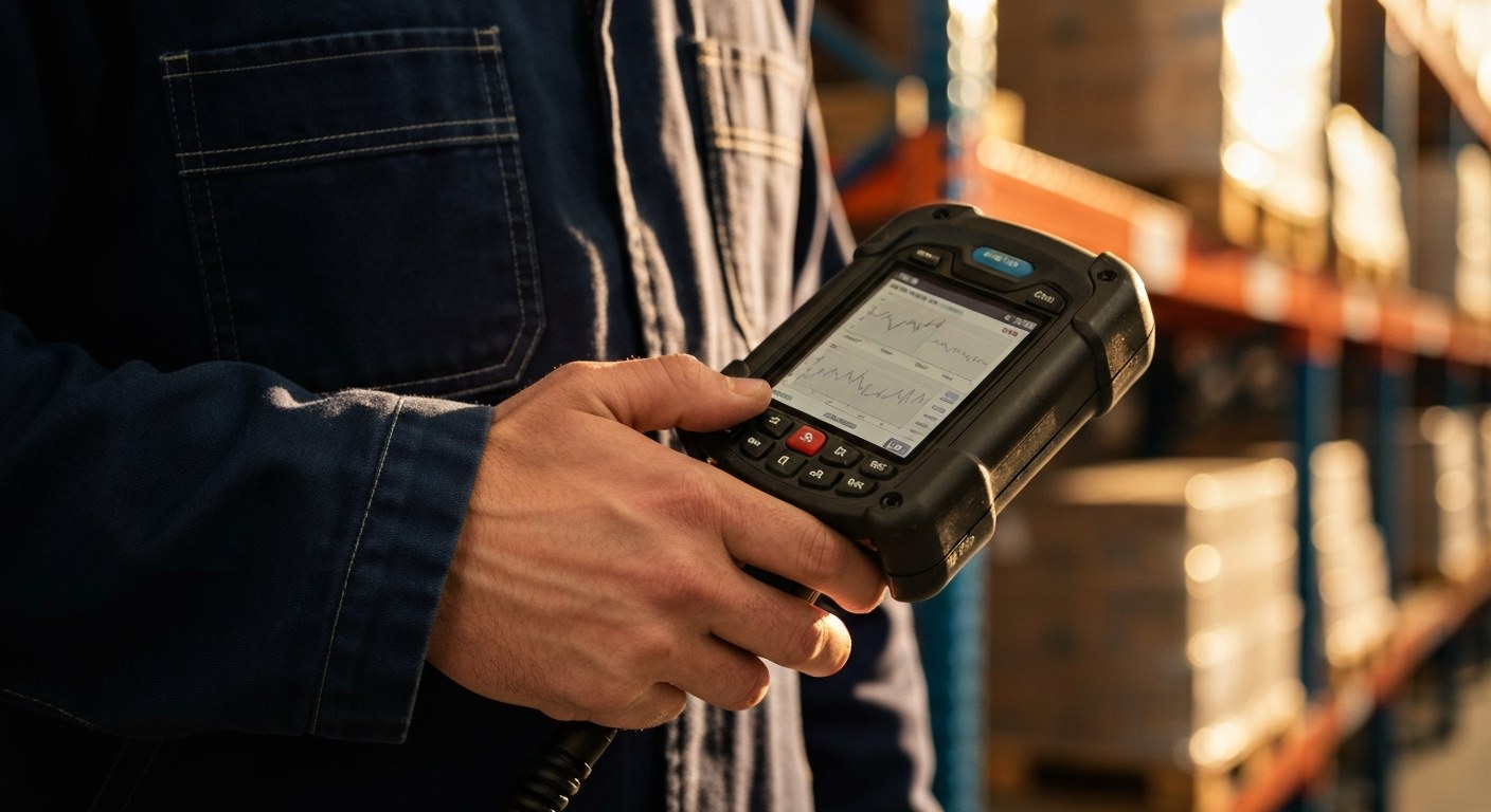 AI-Powered Predictive Stock Tracking Close-up of a hand holding a rugged industrial scanner inside a warehouse during golden hour.