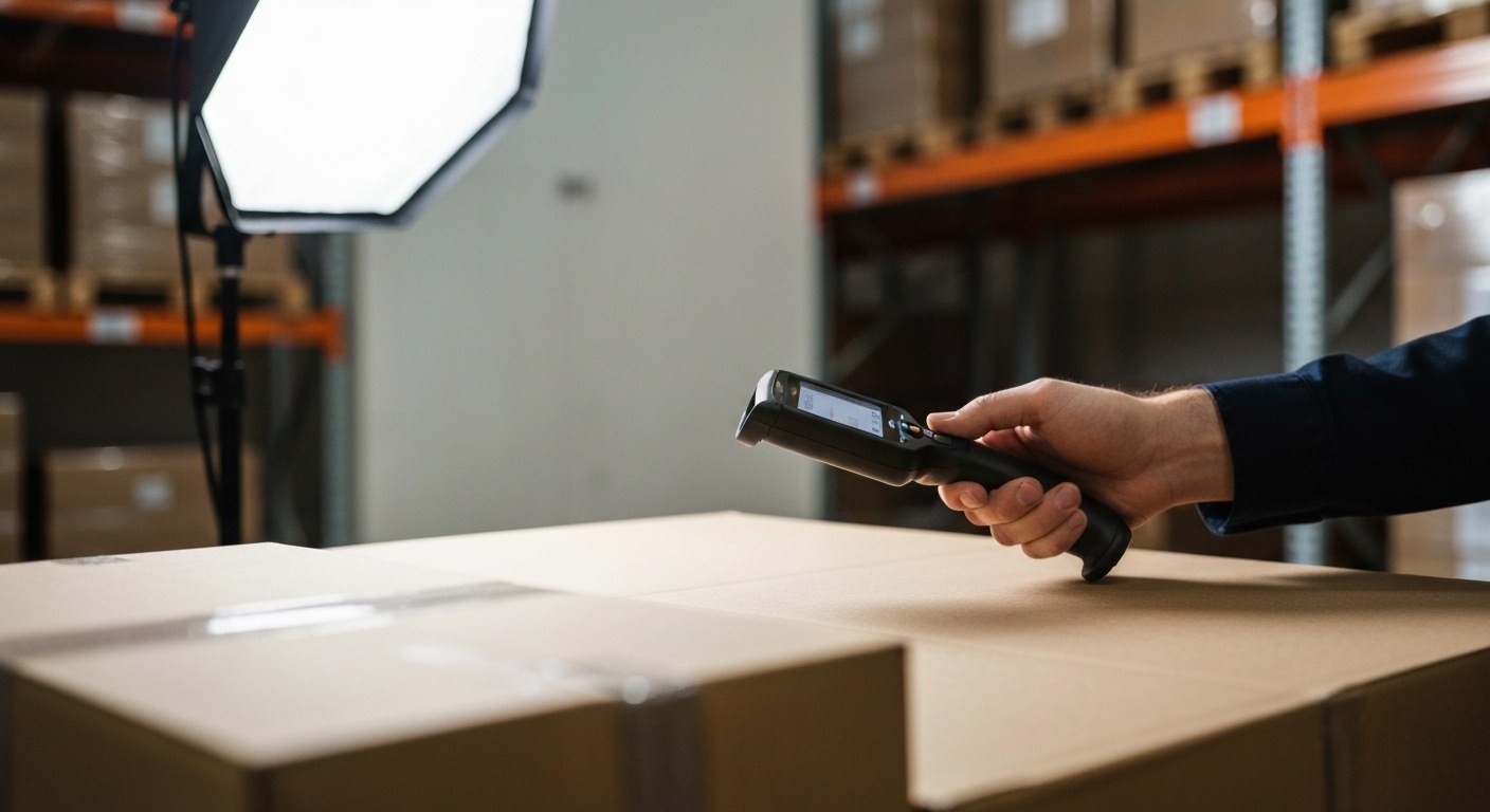 A warehouse worker scans a cardboard package using a digital device.