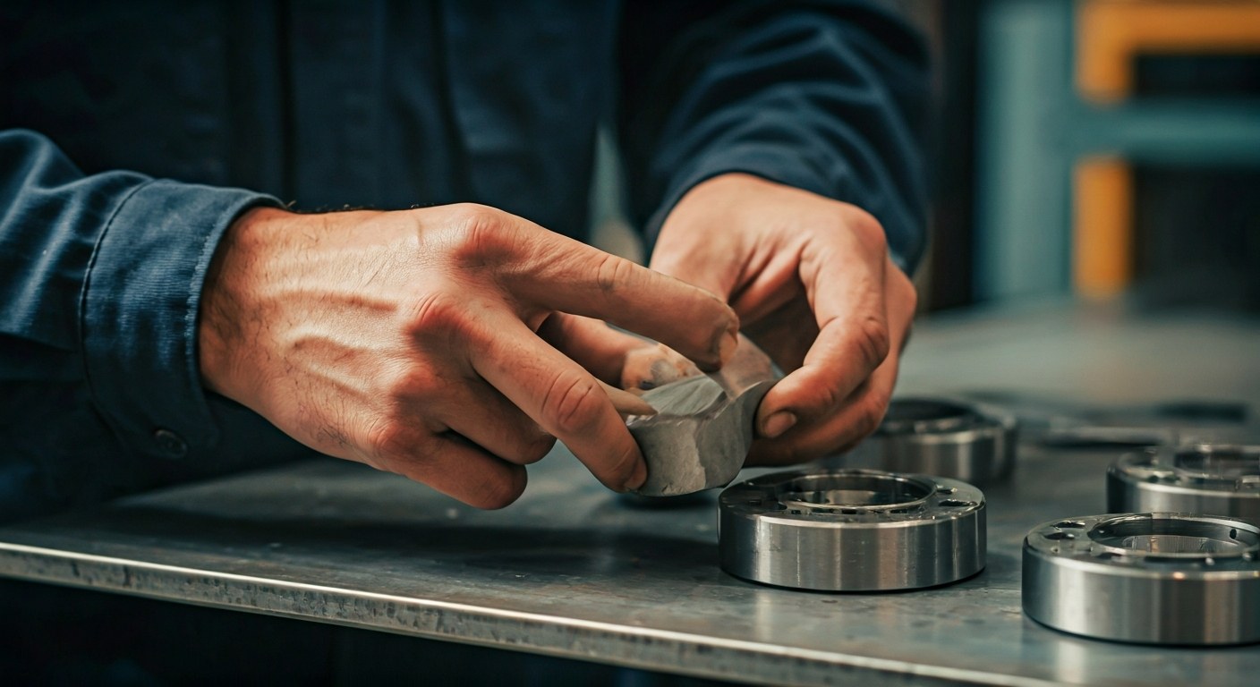Close-up of hands inspecting precision industrial components on a steel warehouse shelf.