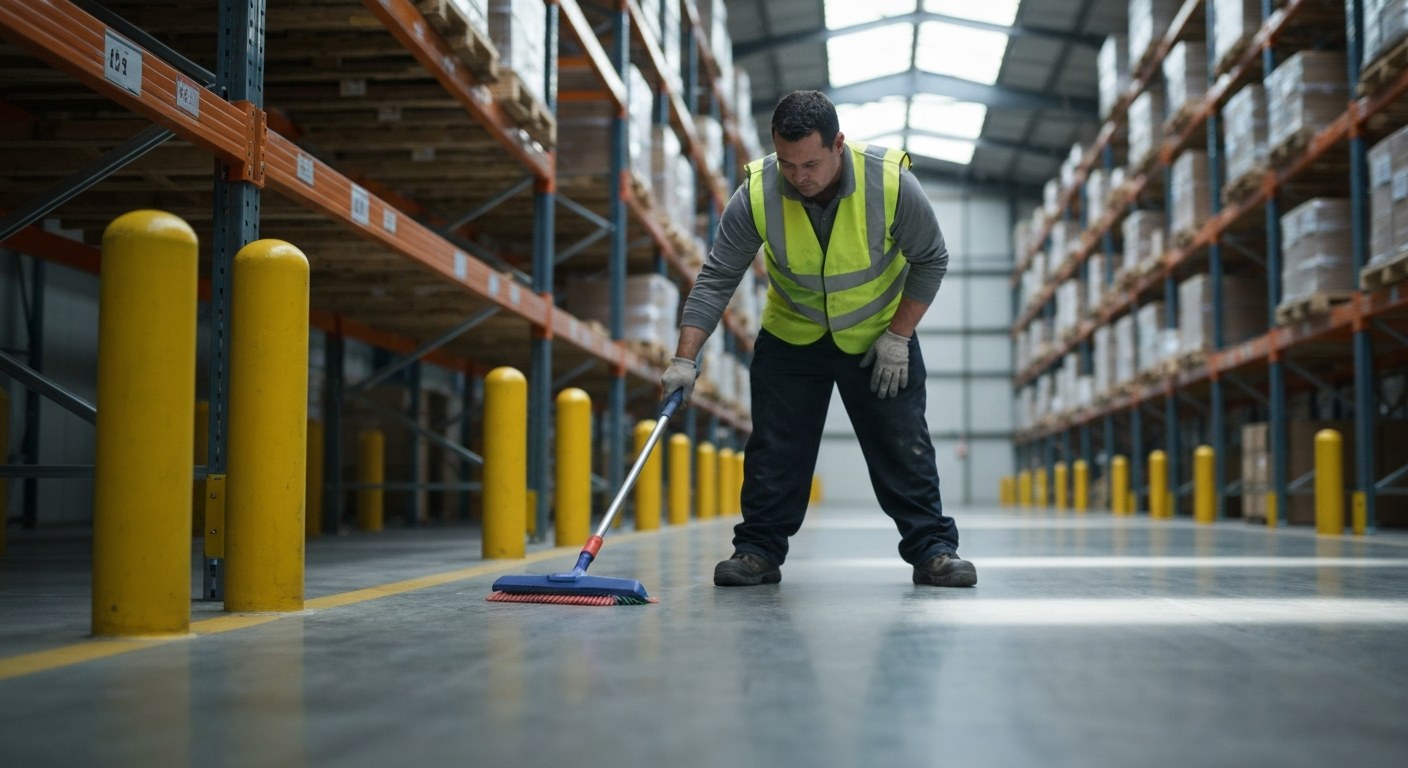 Industrial Warehouse Floor Maintenance A warehouse cleaning professional in a neon vest sweeps a wide concrete aisle between tall industrial storage racks.