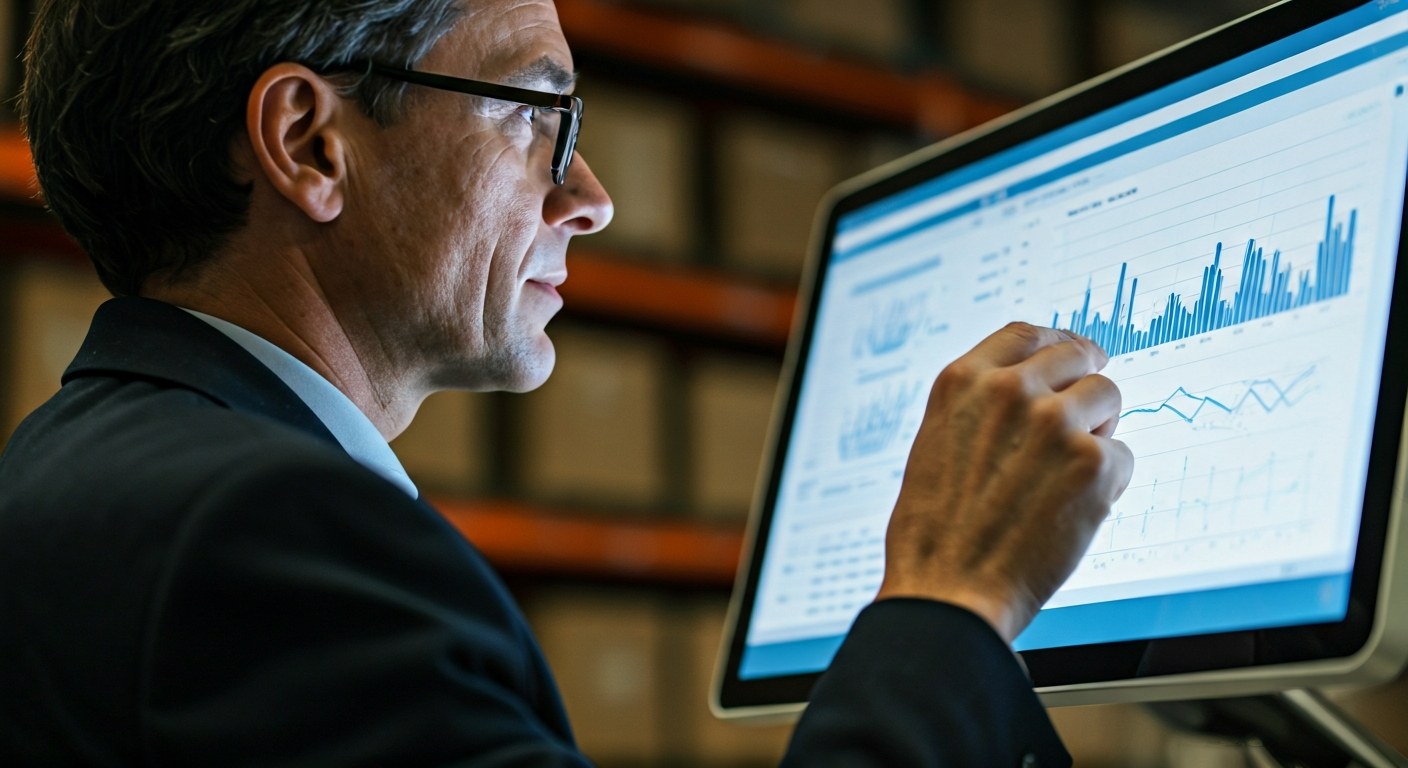 Close-up of a warehouse manager's hand pointing at a data dashboard on a glowing industrial computer screen.