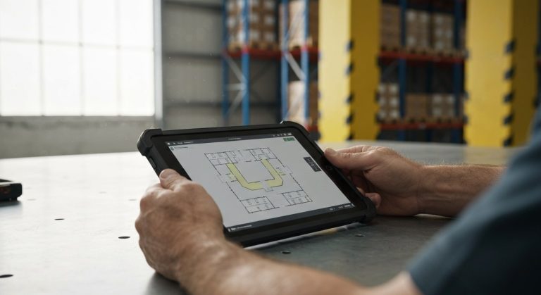Close-up of a logistics manager's hands using a tablet to review a warehouse floor plan layout on a metal workbench.
