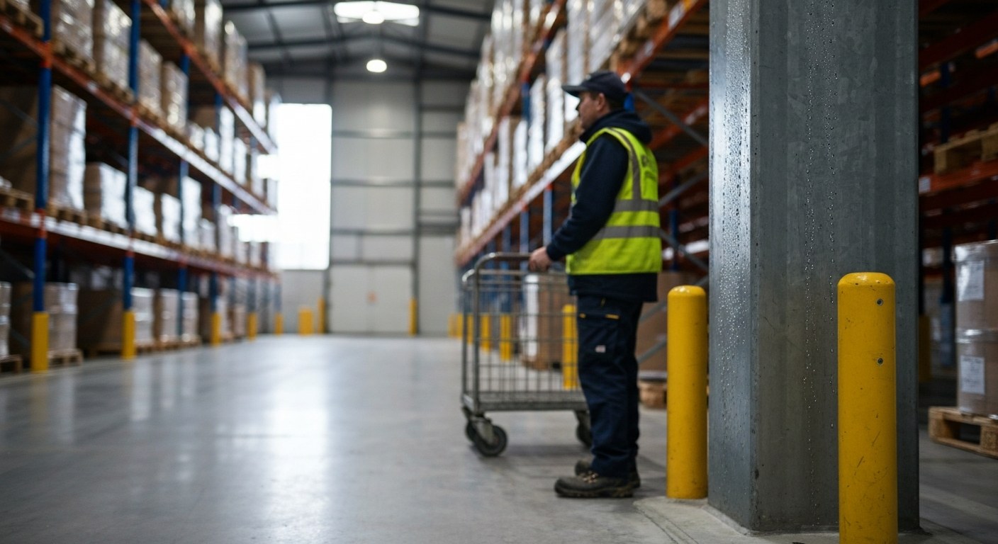 Gig worker in a reflective vest waiting near a metal loading cart at a warehouse.
