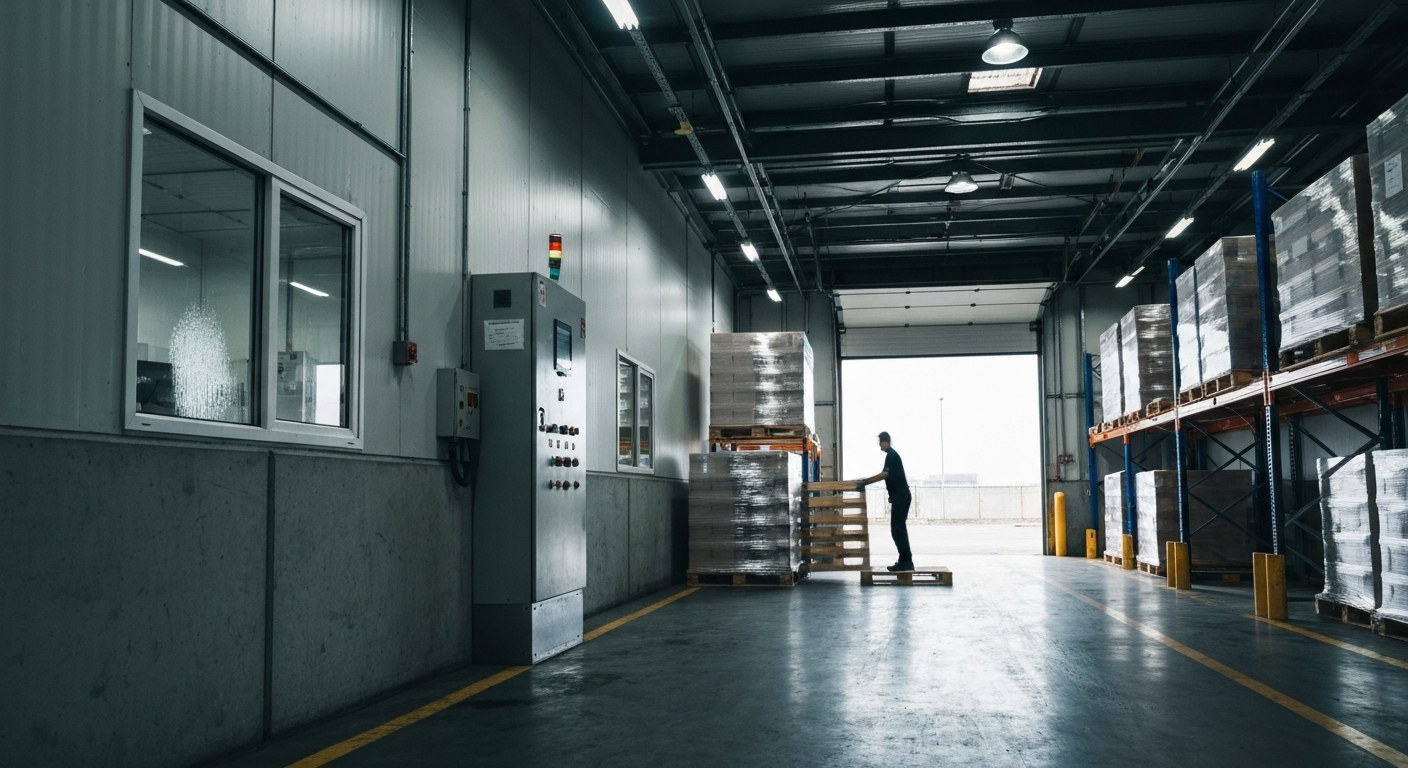 Surveillance Coverage at Warehouse Loading Docks Wide view of multiple loading dock bays in a warehouse with security cameras monitoring the activity.
