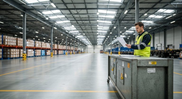 A logistics coordinator reviews a manifest at a terminal in a modern, busy warehouse under natural skylight.