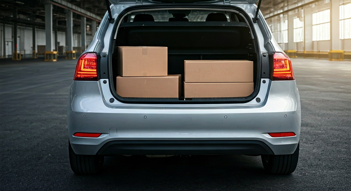 Logistics Hub Delivery Block Loading Packages being loaded into the back of a silver car at a warehouse loading dock under industrial lighting.