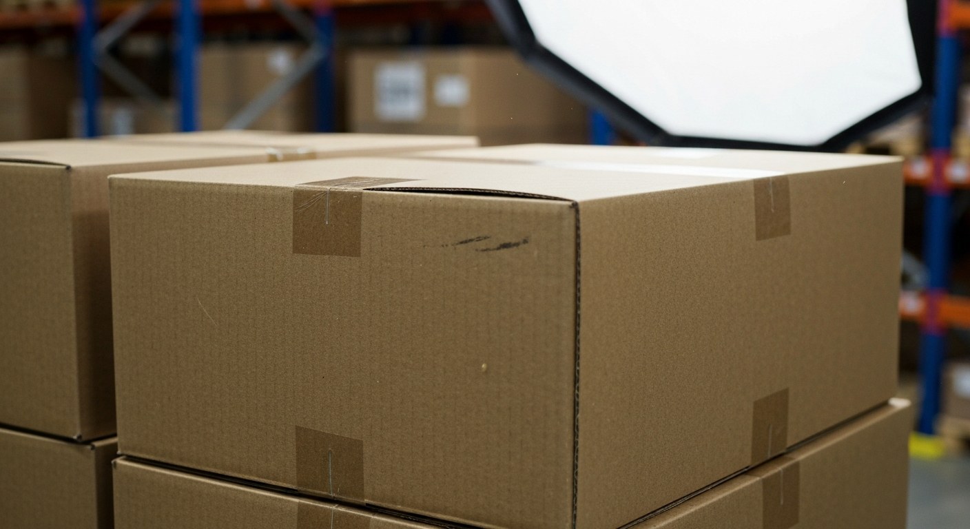 Stacks of plain cardboard boxes in a bright, modern warehouse setting, focus on texture and lighting.