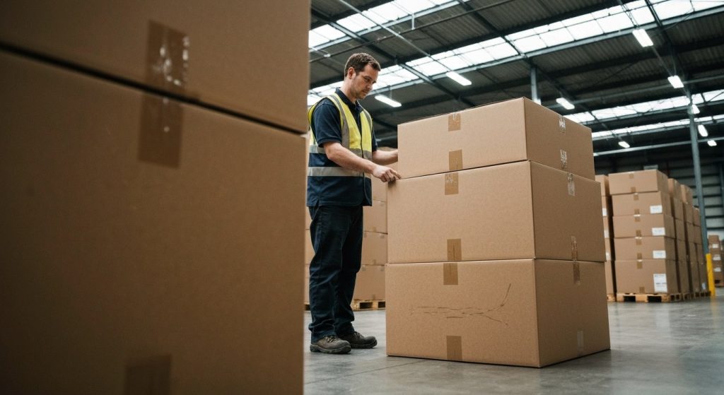 A worker in a high-visibility vest inspects plain brown shipping boxes in a large, busy warehouse.