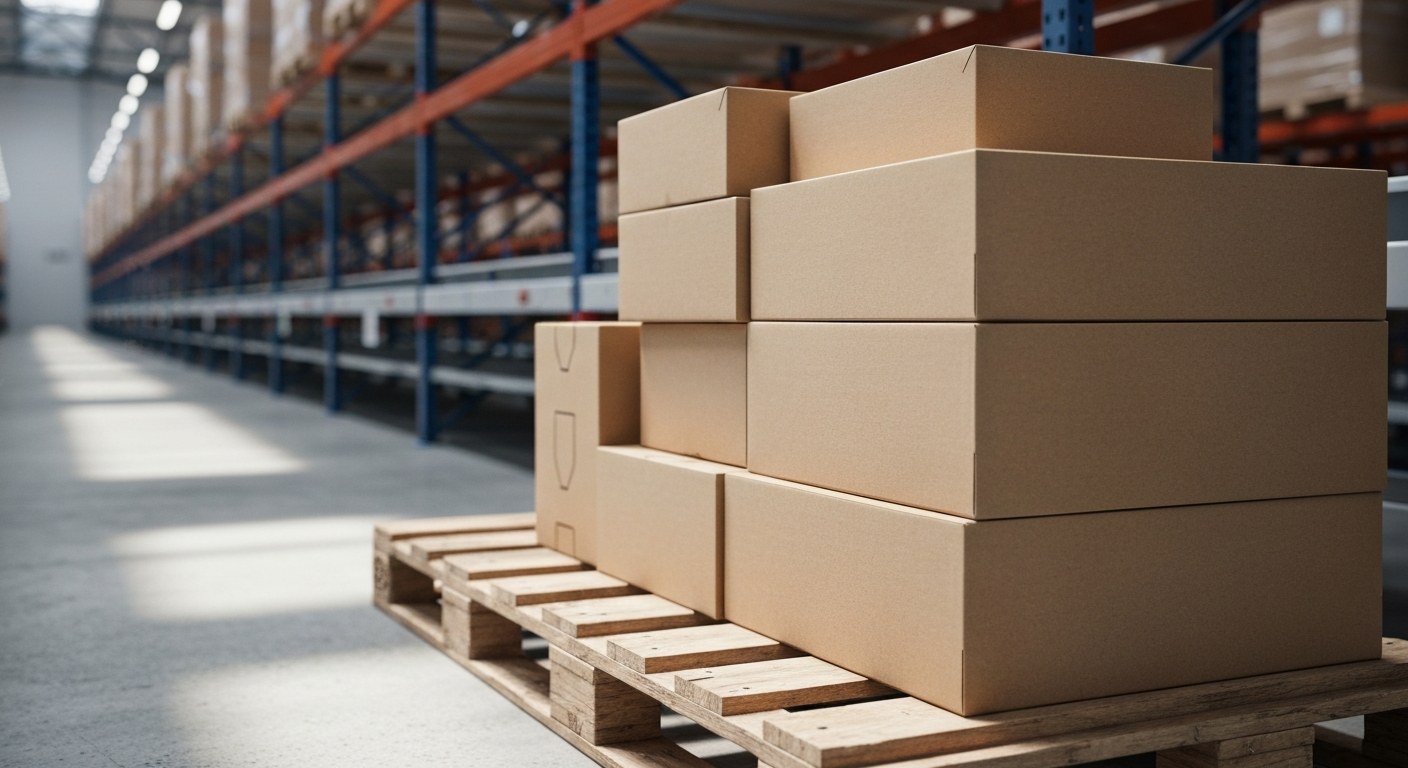 Warehouse Logistics and Package Fulfillment Stacks of cardboard delivery boxes on a wooden pallet inside a high-end, modern warehouse facility.