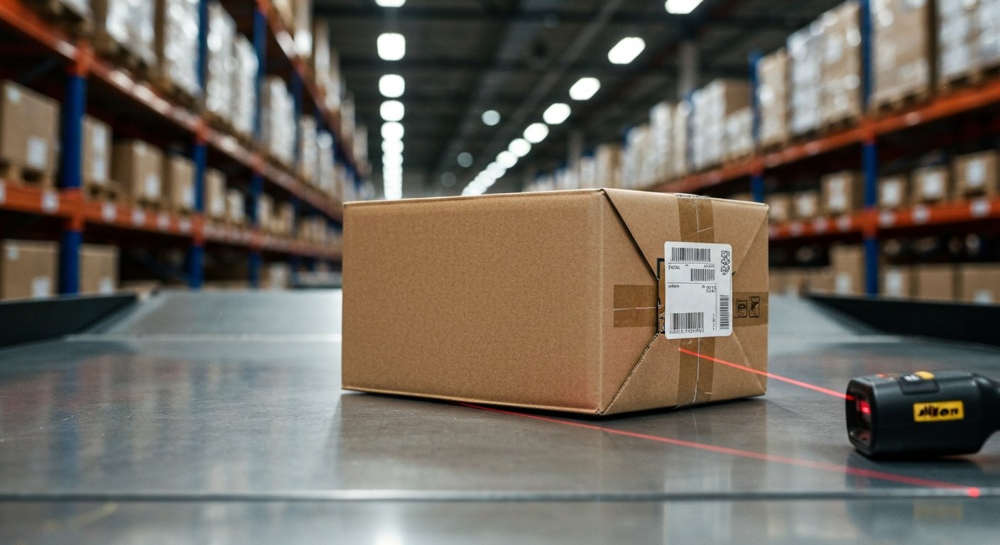 Sub Same-Day Logistics and Sorting A close-up of a cardboard package on a metal table in a warehouse with industrial lighting.