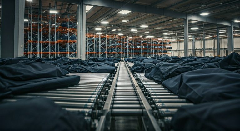 Jos A Bank vs Men's Wearhouse: Which Wins? (2026 Verdict) 4 Automated conveyor belt in a logistics warehouse moving suit garment bags.