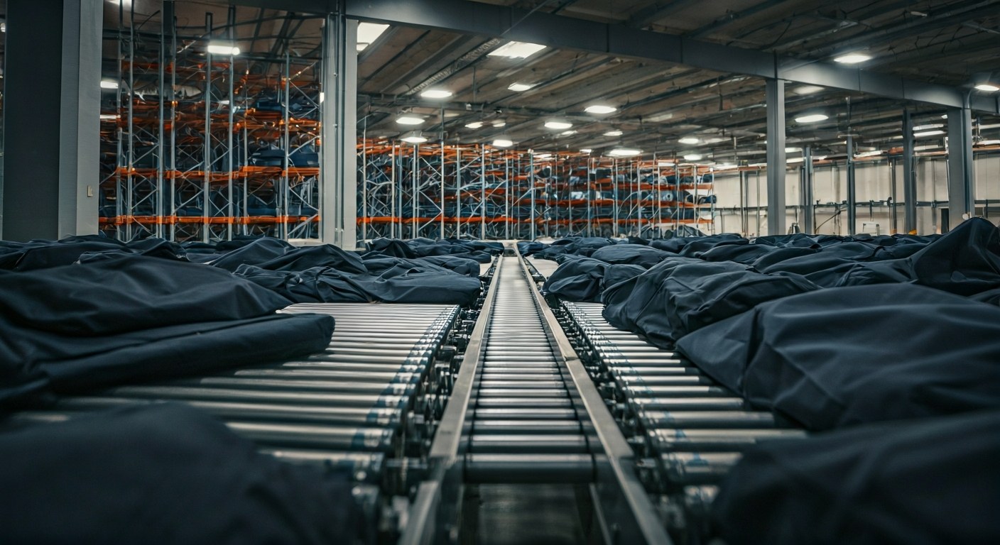 Automated conveyor belt in a logistics warehouse moving suit garment bags.
