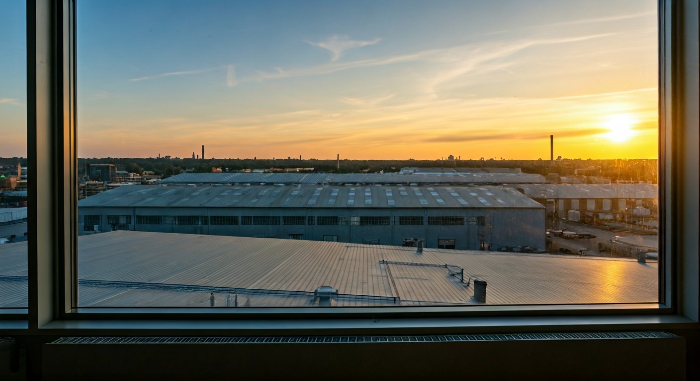 Planning Your Warehouse Logistics View from an office window looking out at industrial warehouses during golden hour.